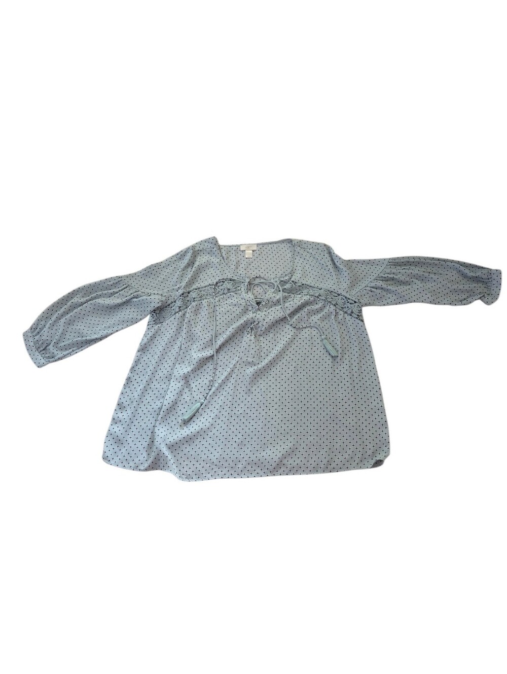Loft mint/black/white print long sleeve blouse with lace and tie up, L. EUC.